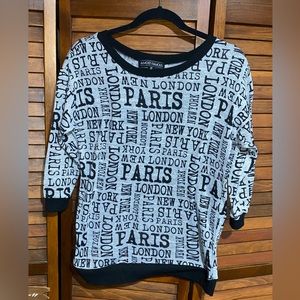 Almost Famous Grey Black London Paris New York Allover Print Pullover Sweater M